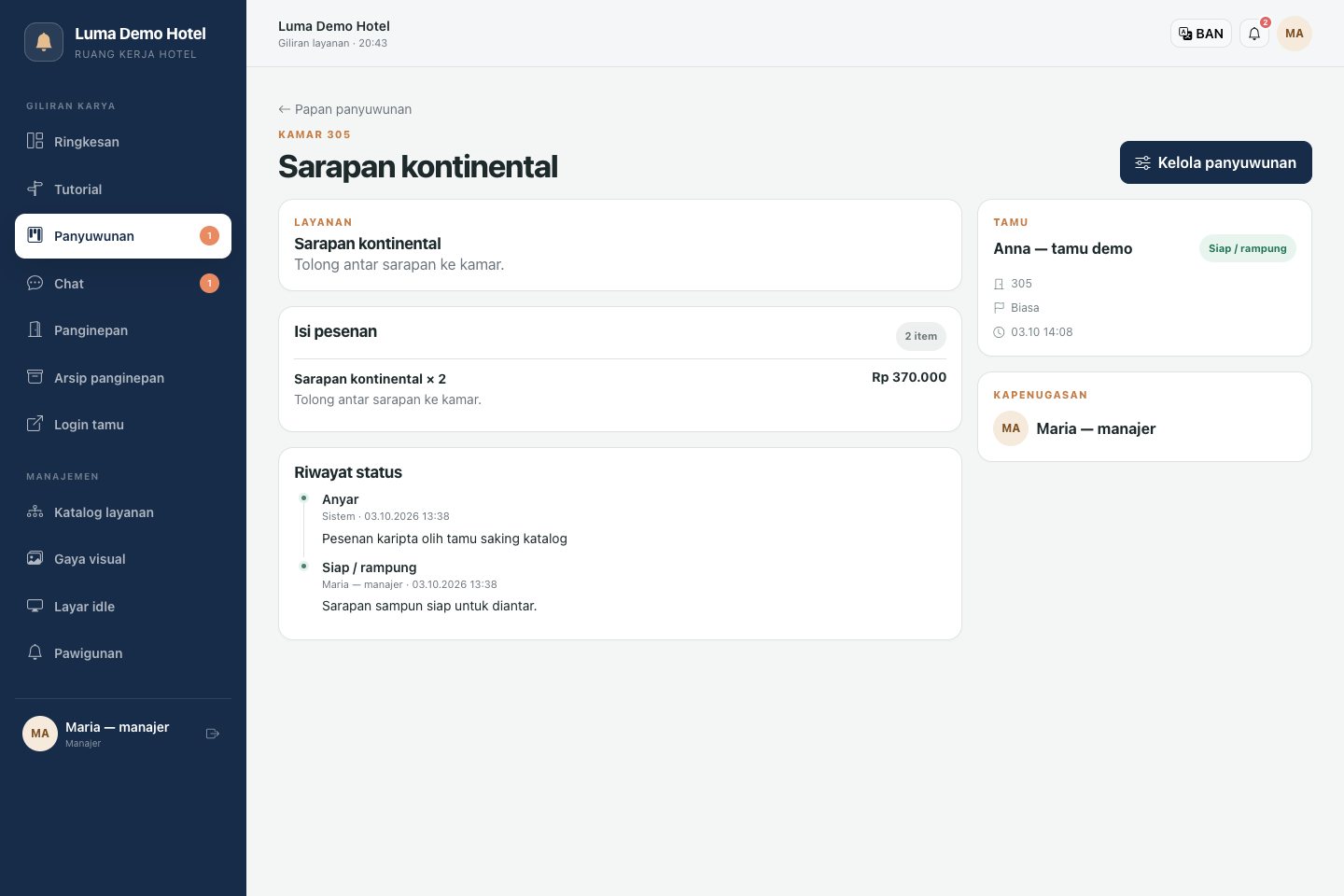 Kartu request: performer, status, biaya lan riwayat