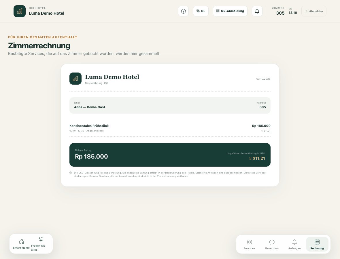 Zimmerrechnung: bestätigte Services und Gesamtbetrag