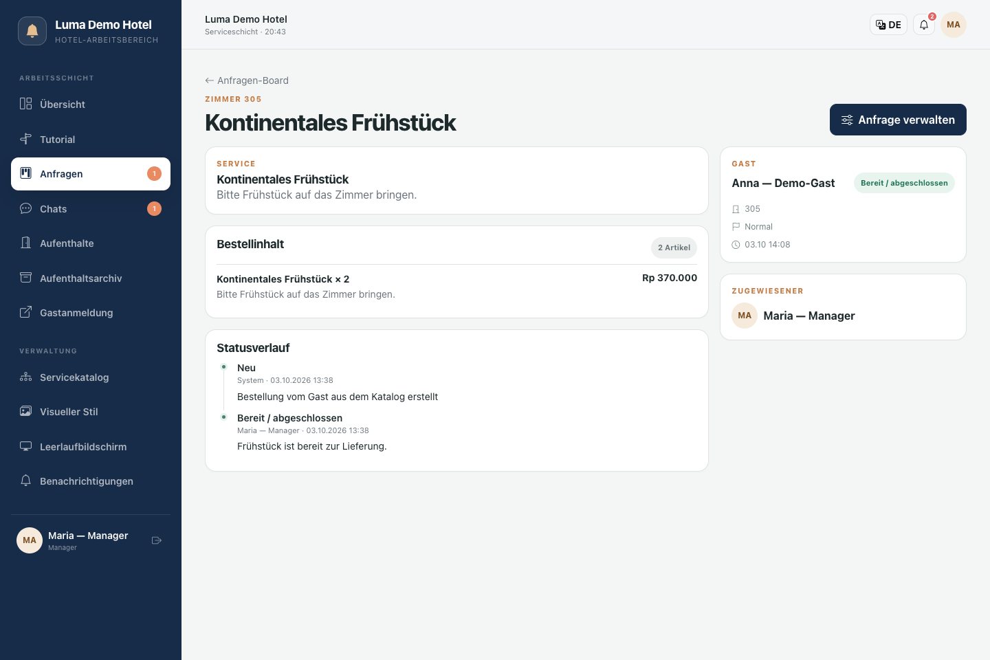 Anfragekarte: ausführende Person, Status, Kosten und Verlauf