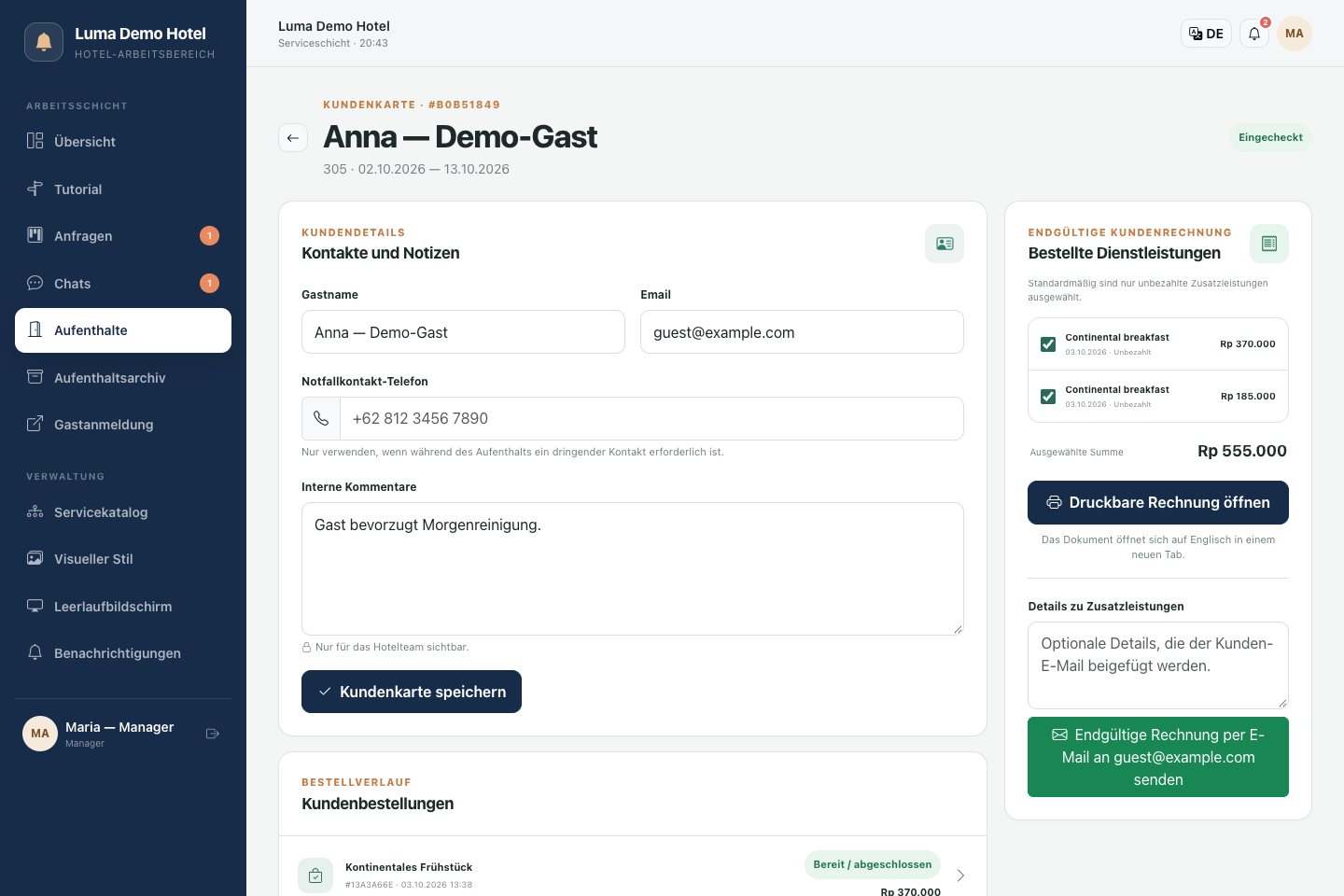 Aufenthaltskarte: Kontakte, Serviceverlauf und Rechnungsvorbereitung