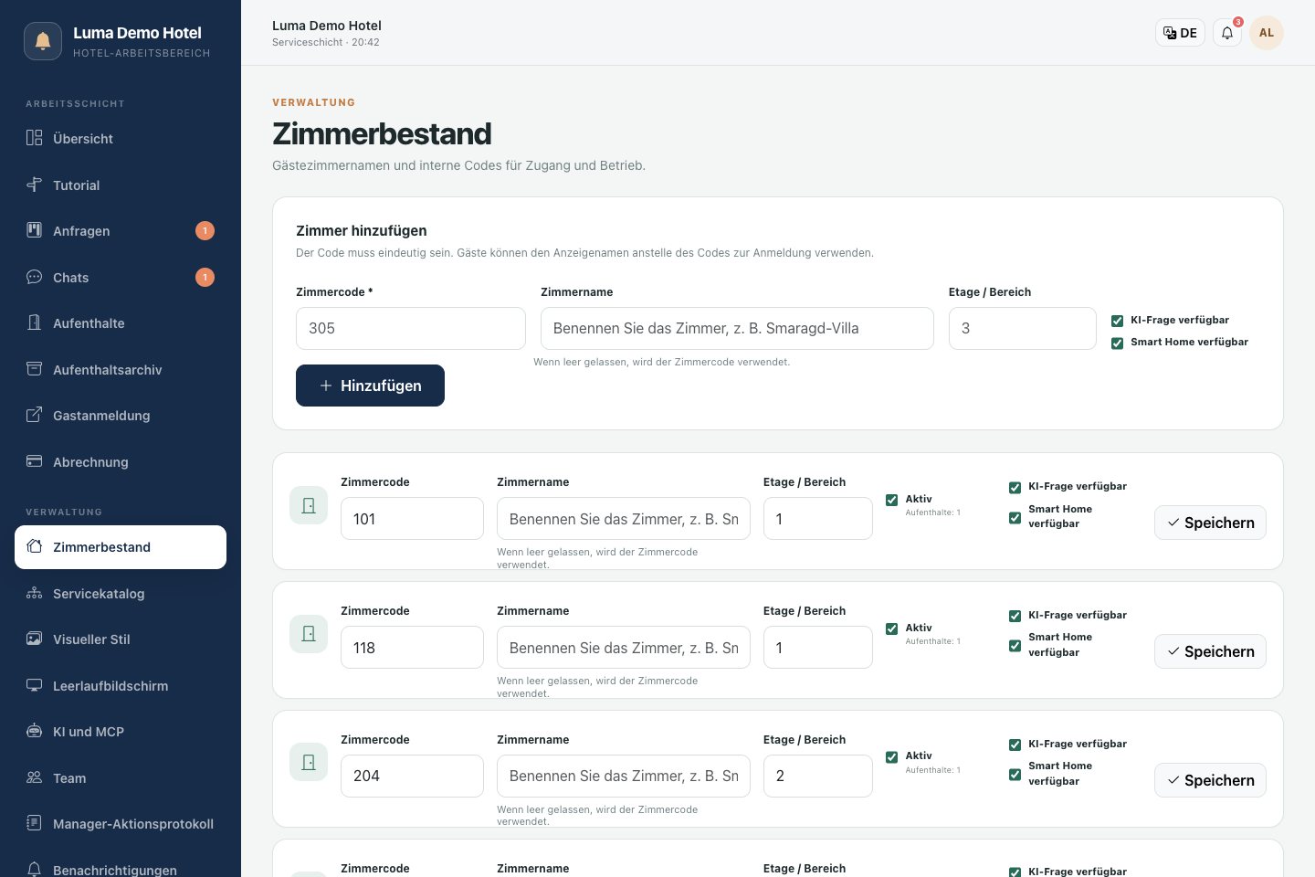 Zimmerinventar: Zimmeraktivität und zusätzliche Gästebereiche