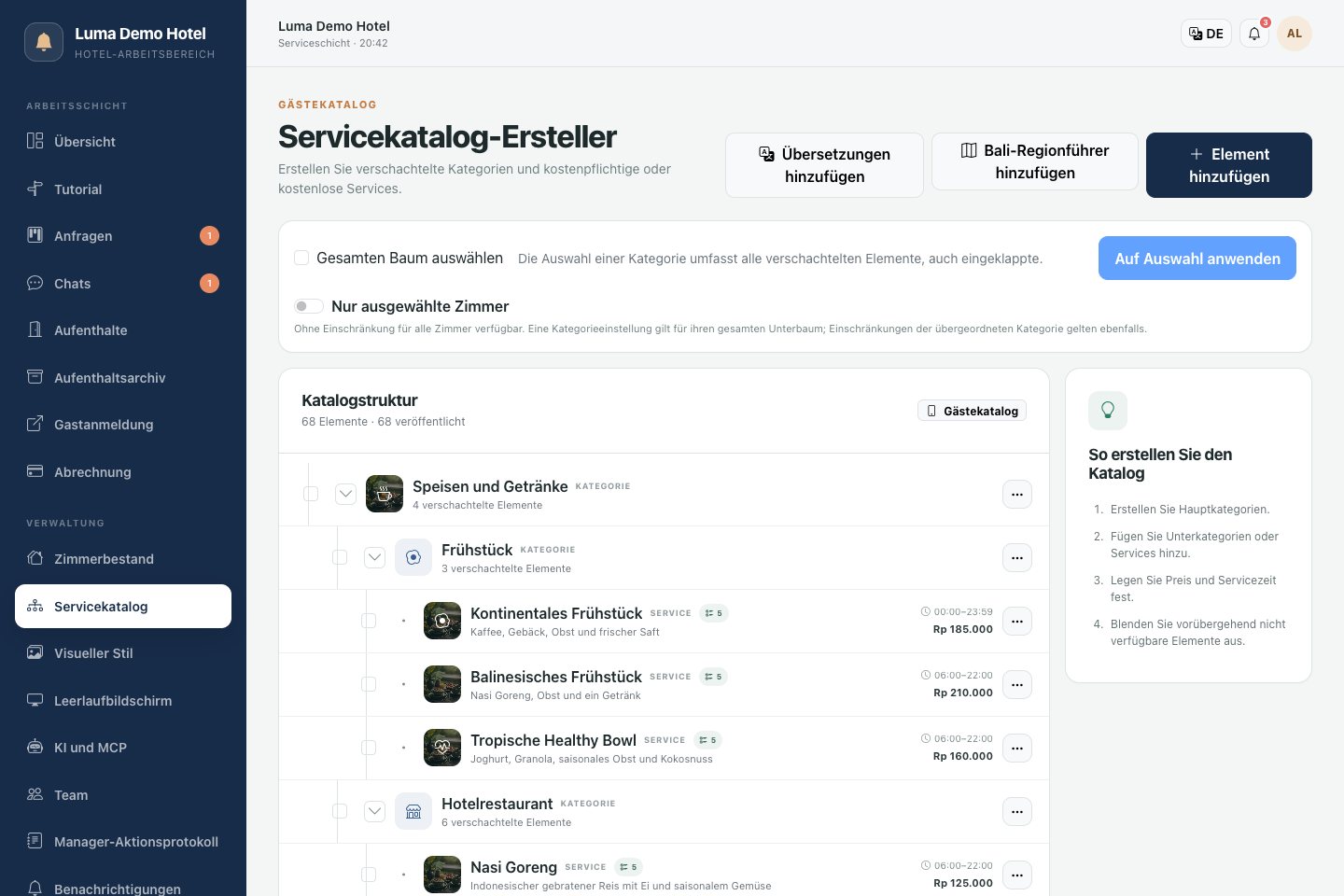 Katalog: Kategorien, Services und Gästemenü-Einstellungen