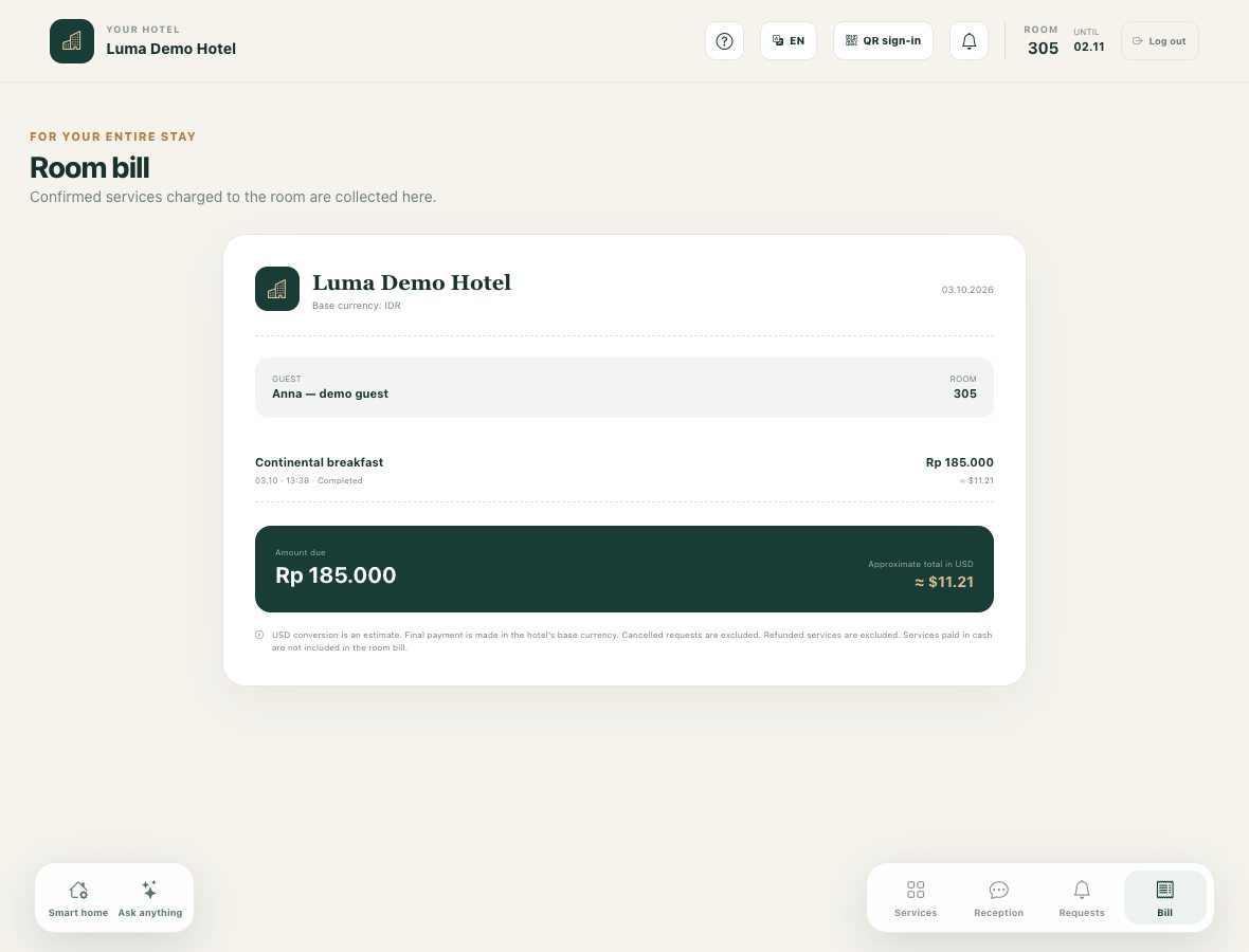 Room bill: confirmed services and total amount