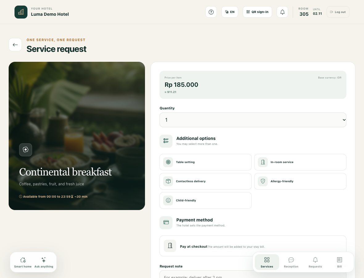 Placing a service order: quantity, options, payment terms, and comment