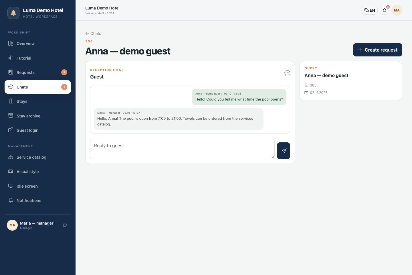 Chat with a guest: conversation and creating a separate task