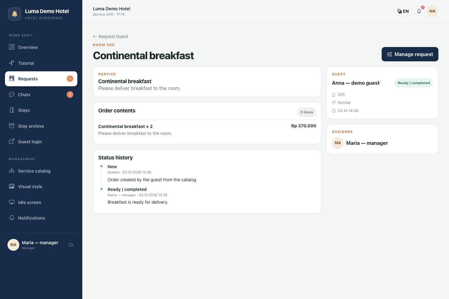 Request card: performer, status, cost and history