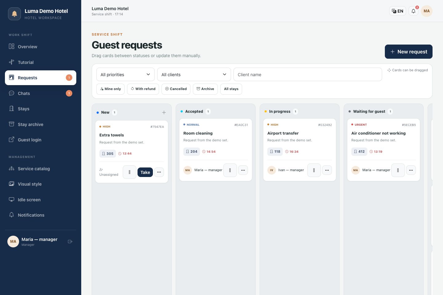Manager's request board: tasks by work stages
