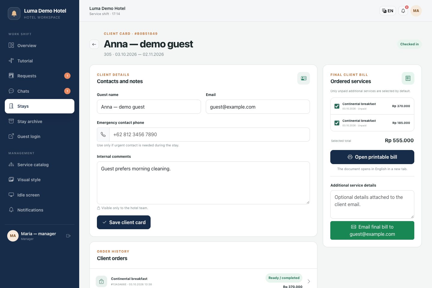 Stay card: contacts, service history and bill preparation