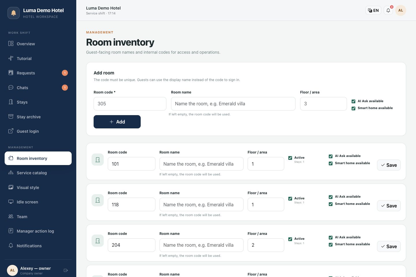 Room inventory: room activity and additional guest sections