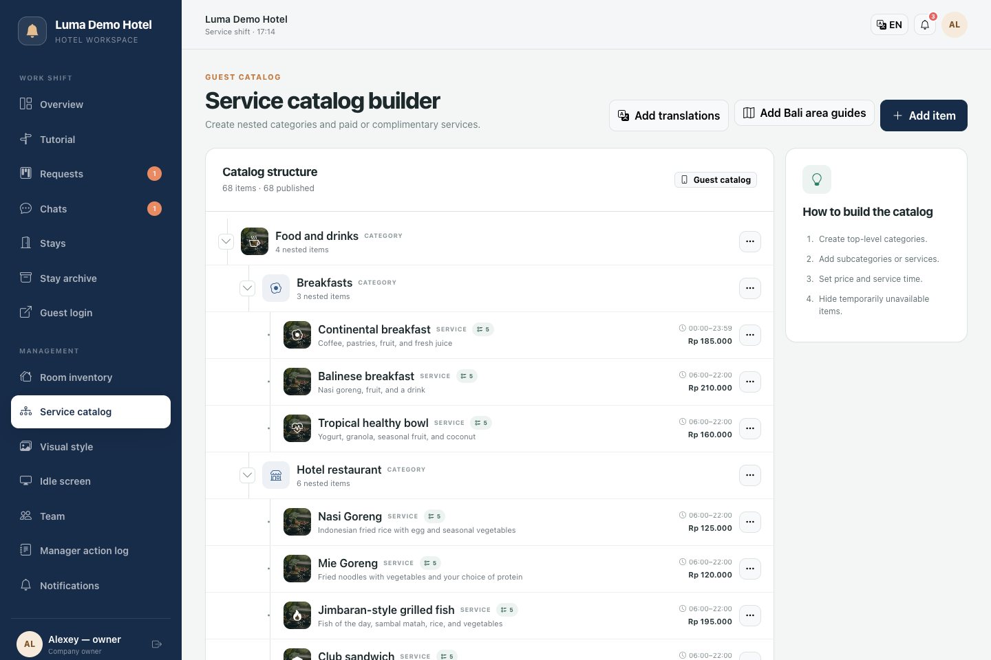 Catalog: categories, services, and guest menu settings