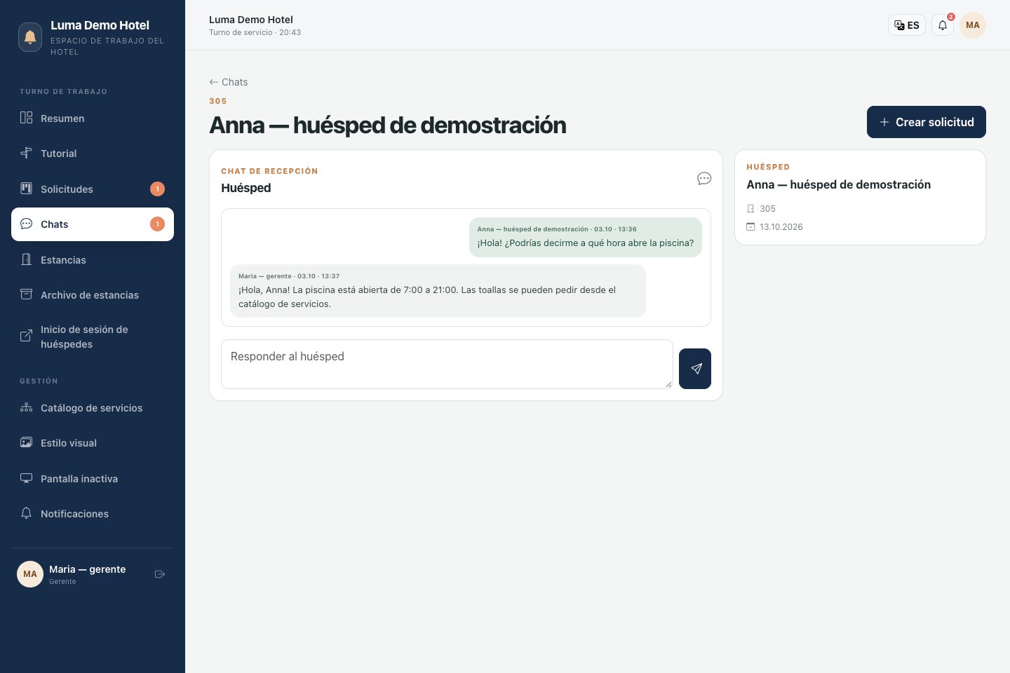 Chat con un huésped: conversación y creación de una tarea separada