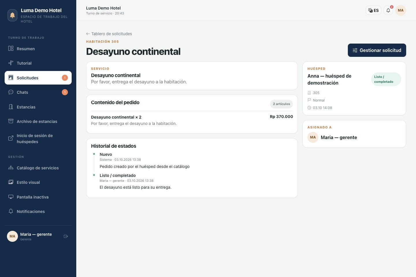 Ficha de solicitud: ejecutor, estado, costo e historial