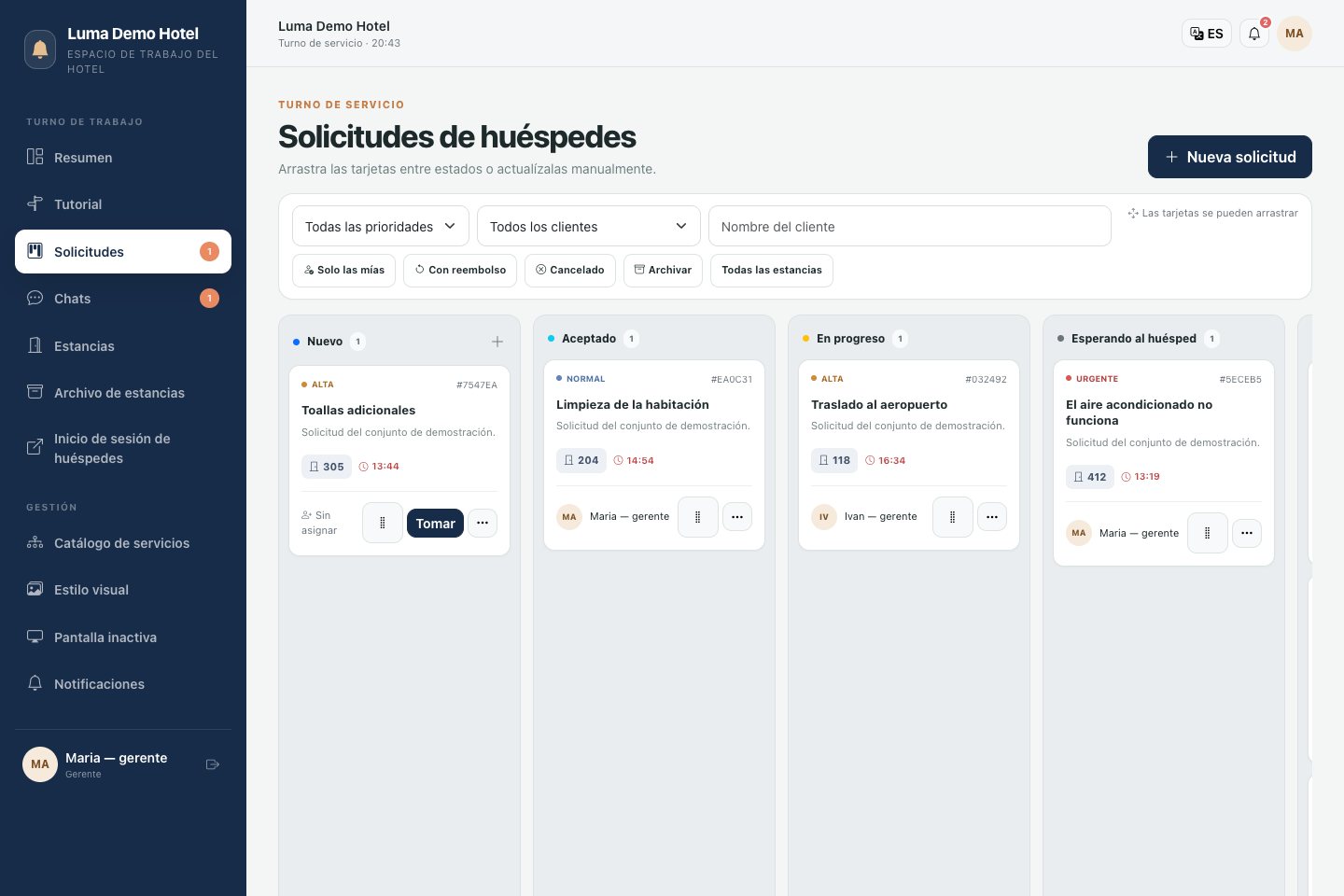 Tablero de solicitudes del gerente: tareas por etapas de trabajo