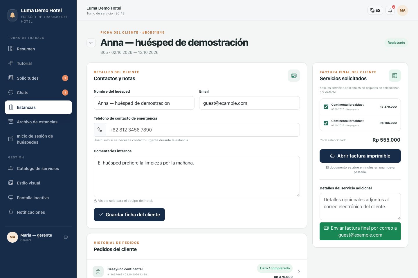 Ficha de estancia: contactos, historial de servicios y preparación de la factura