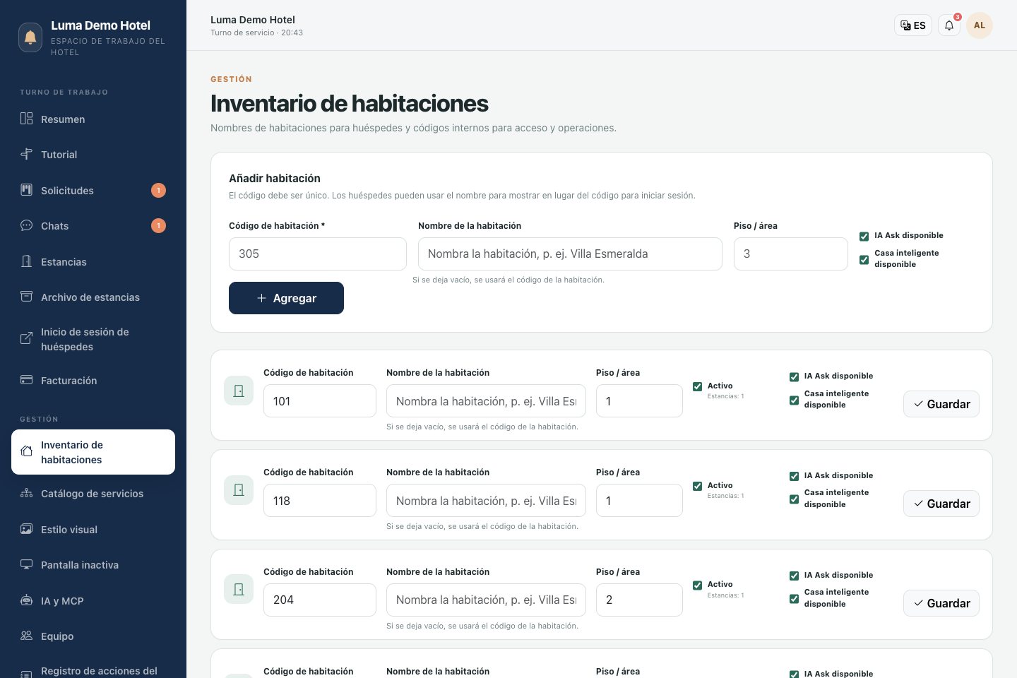 Inventario de habitaciones: actividad de la habitación y secciones adicionales para huéspedes