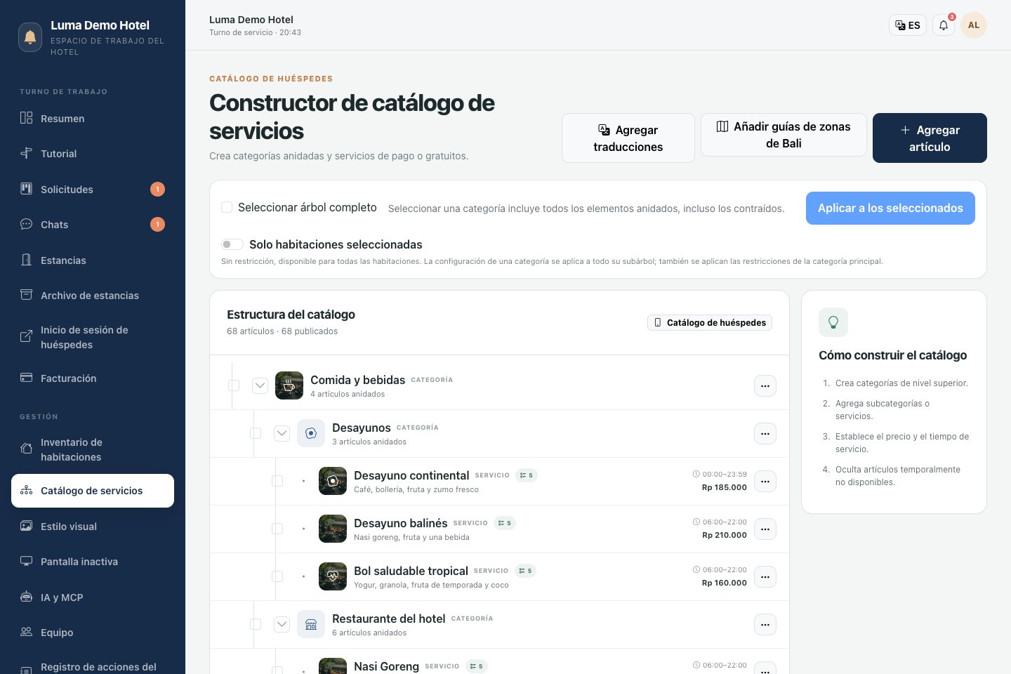 Catálogo: categorías, servicios y configuración del menú para huéspedes