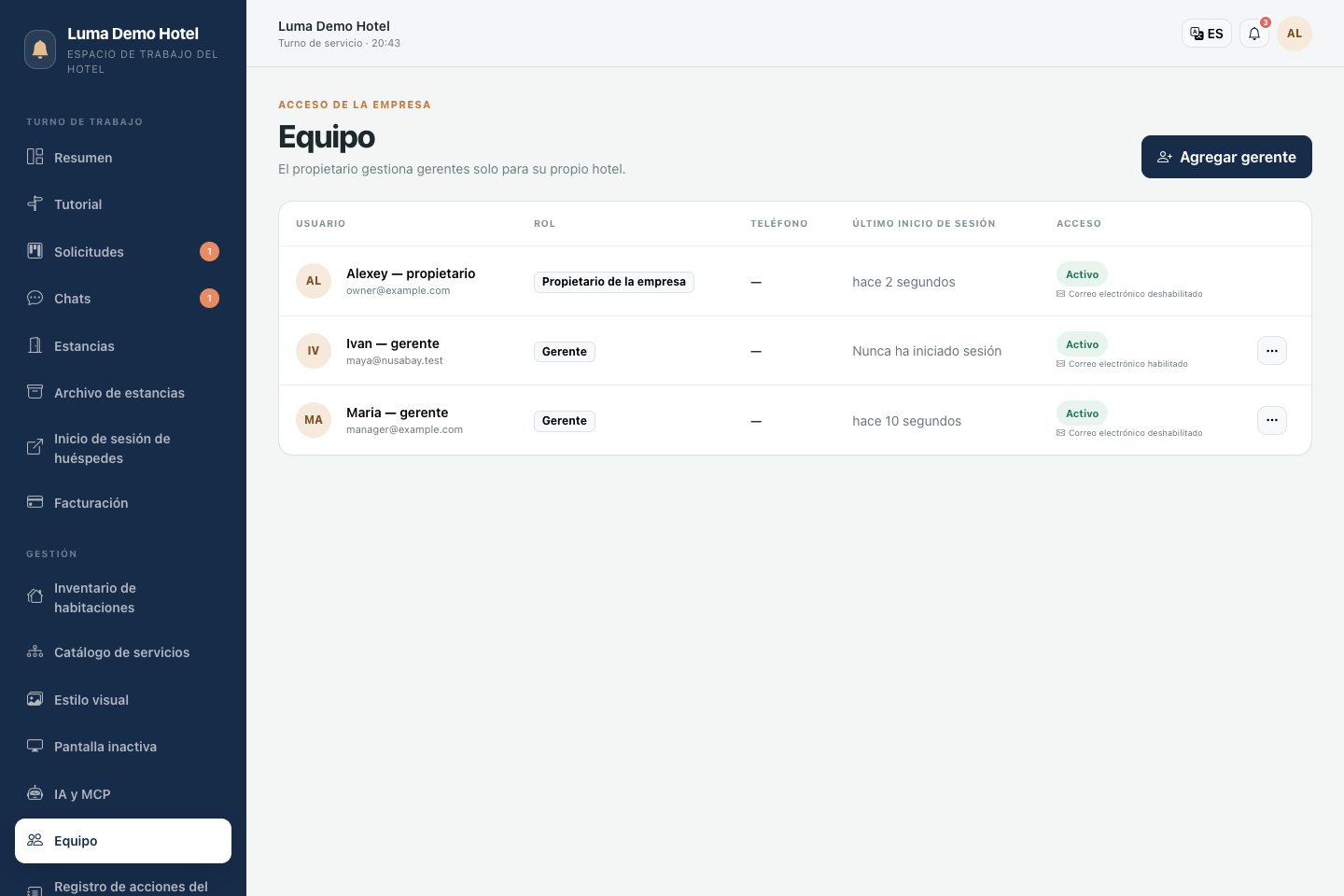 Equipo: añadir un gerente y gestionar el acceso