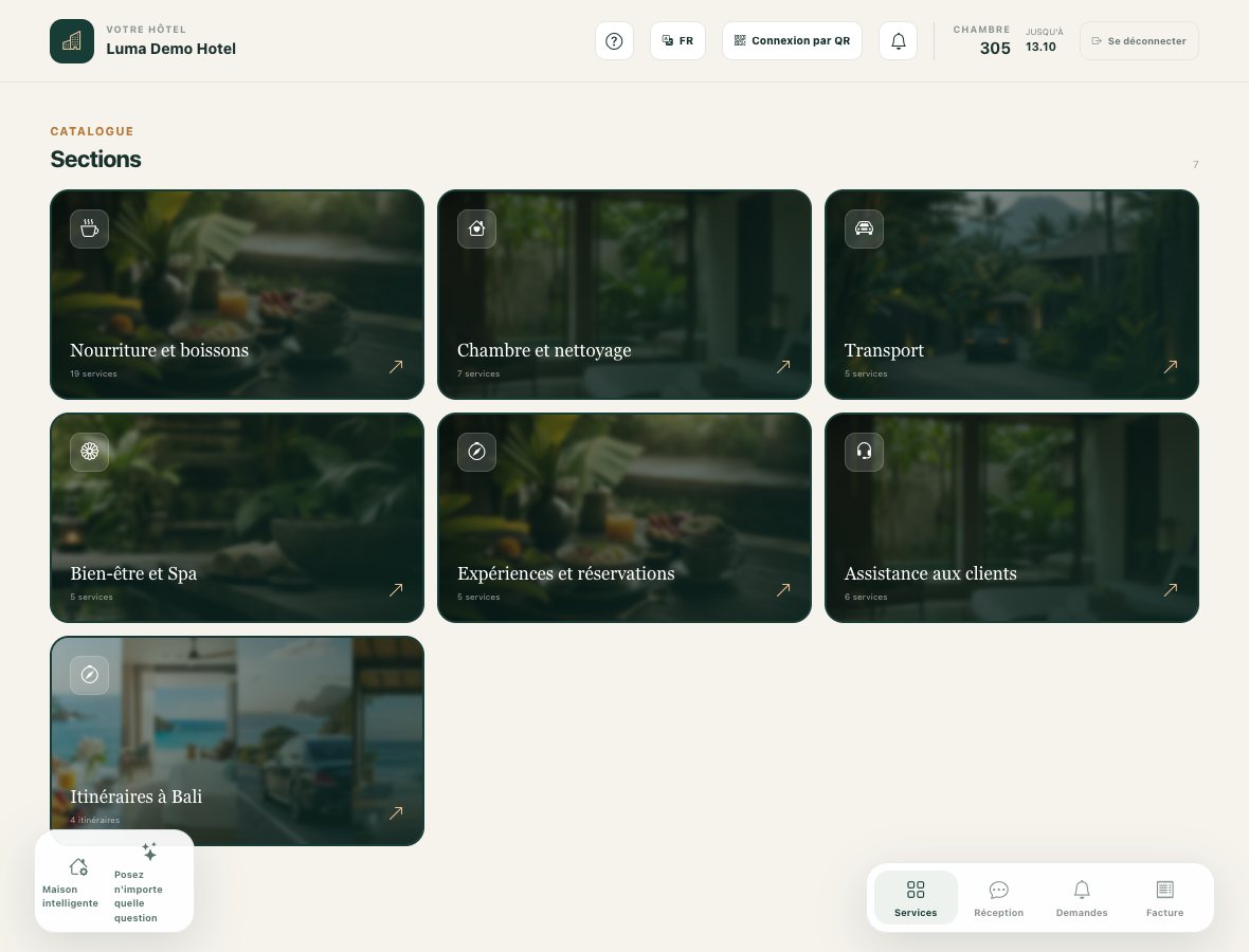 Catalogue client : catégories et services hôteliers disponibles