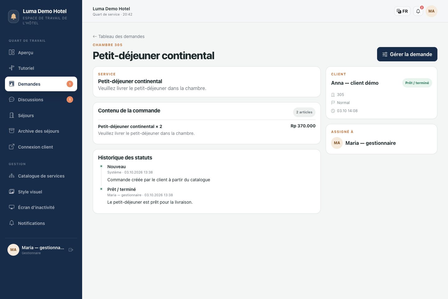 Fiche de demande : exécutant, statut, coût et historique