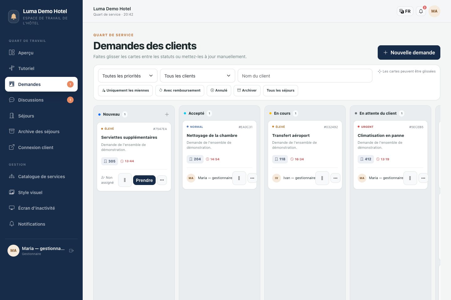 Tableau des demandes du gestionnaire : tâches par étapes de travail