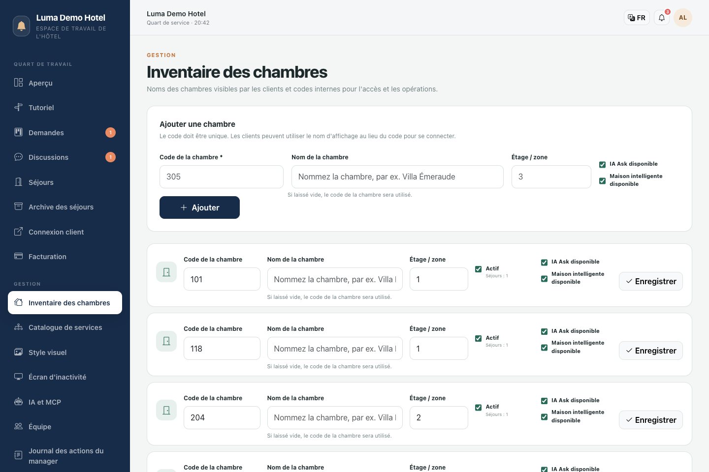 Inventaire des chambres : activité des chambres et sections clients supplémentaires
