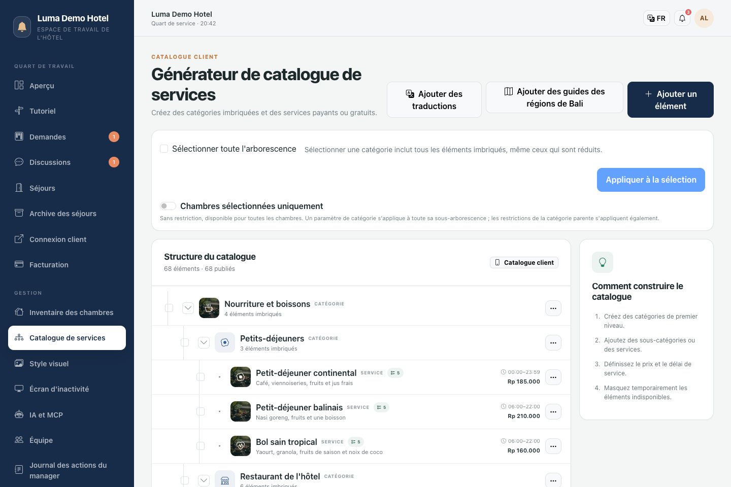 Catalogue : catégories, services et paramètres du menu client