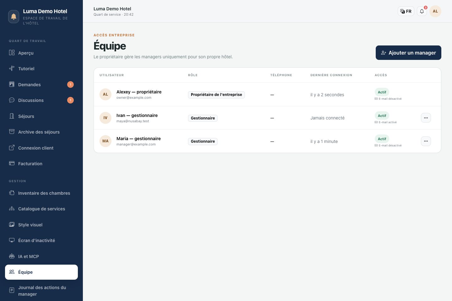 Équipe : ajout d'un gestionnaire et gestion des accès