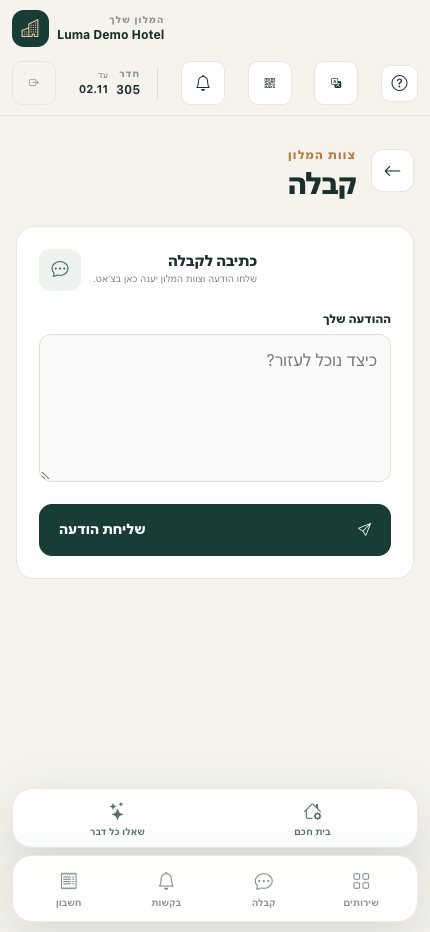 תקשורת עם הקבלה: שליחת שאלה לצוות המלון