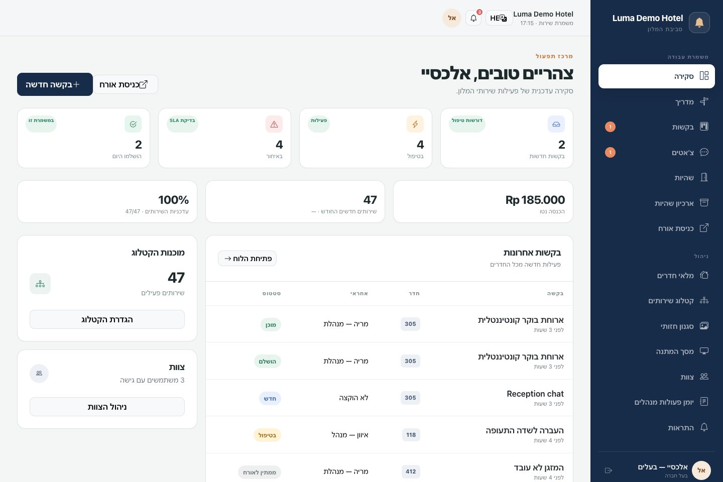 סקירת בעלים: פניות, עומס צוות וסיכום שירותים