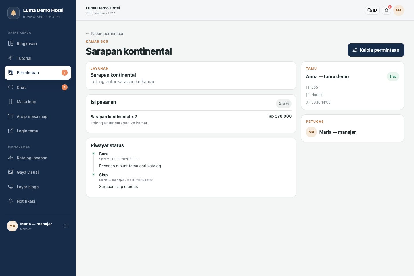 Kartu permintaan: pelaksana, status, biaya, dan riwayat
