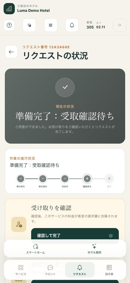スマートフォンでのリクエスト：進捗状況と受け取り確認