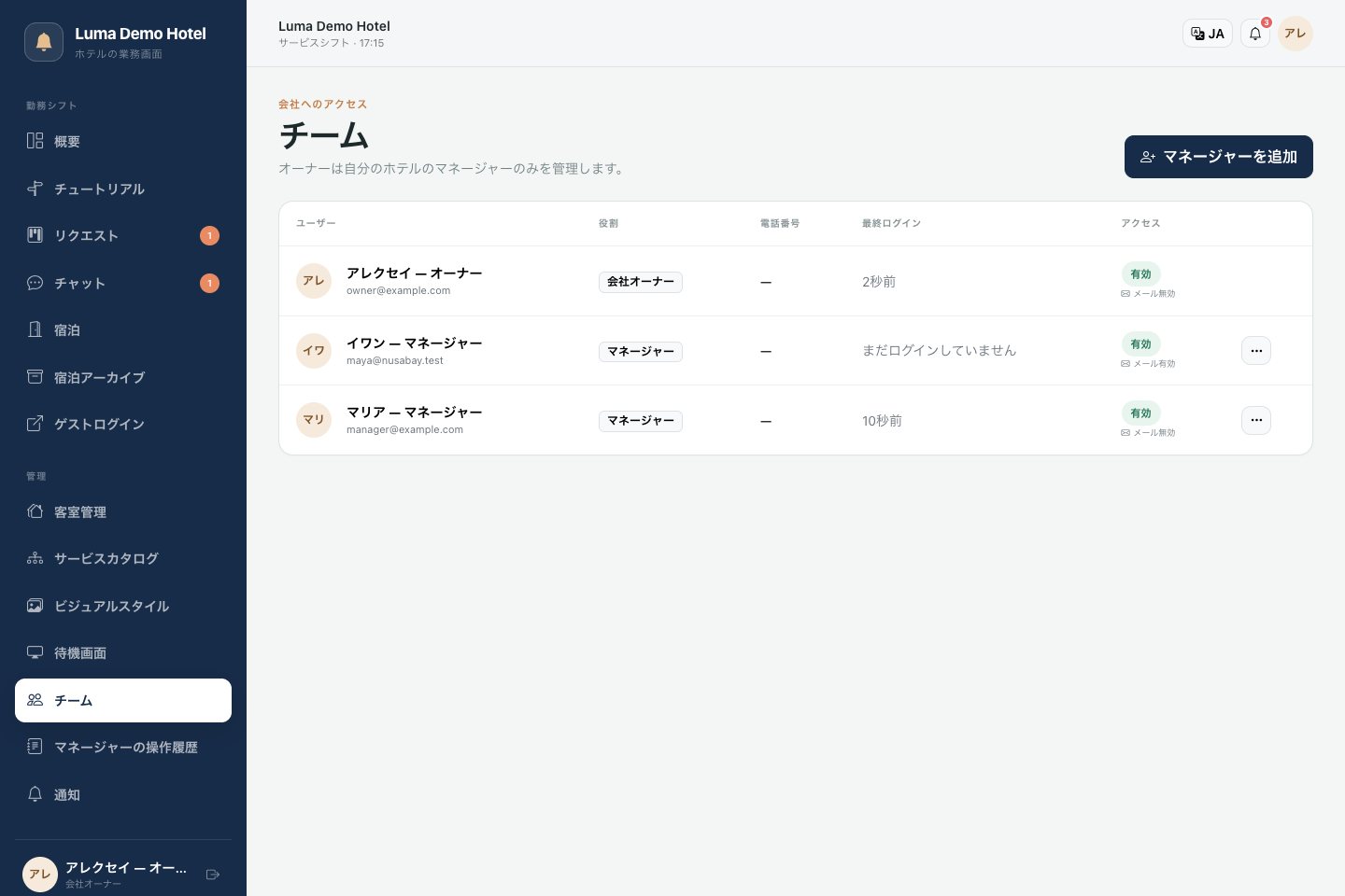 チーム：マネージャーの追加とアクセス管理