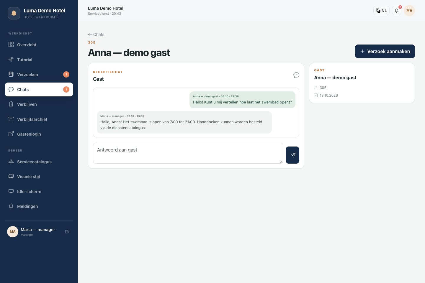 Chat met een gast: gesprek en het aanmaken van een aparte taak