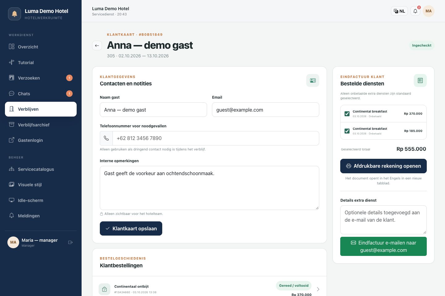 Verblijfskaart: contacten, servicegeschiedenis en voorbereiding van de rekening