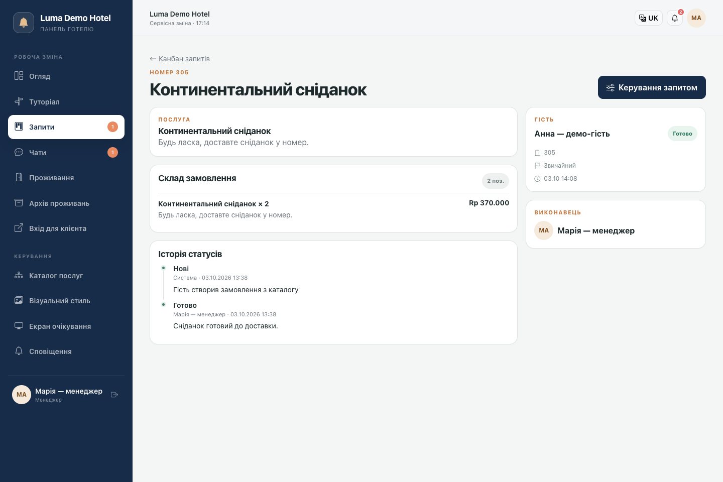 Картка заявки: виконавець, статус, вартість та історія