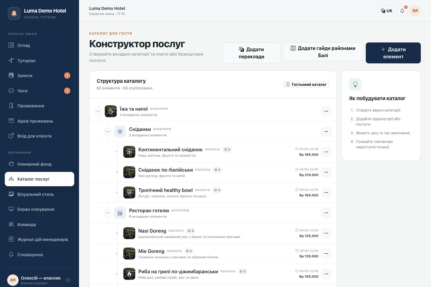 Каталог: категорії, послуги та налаштування гостьового меню