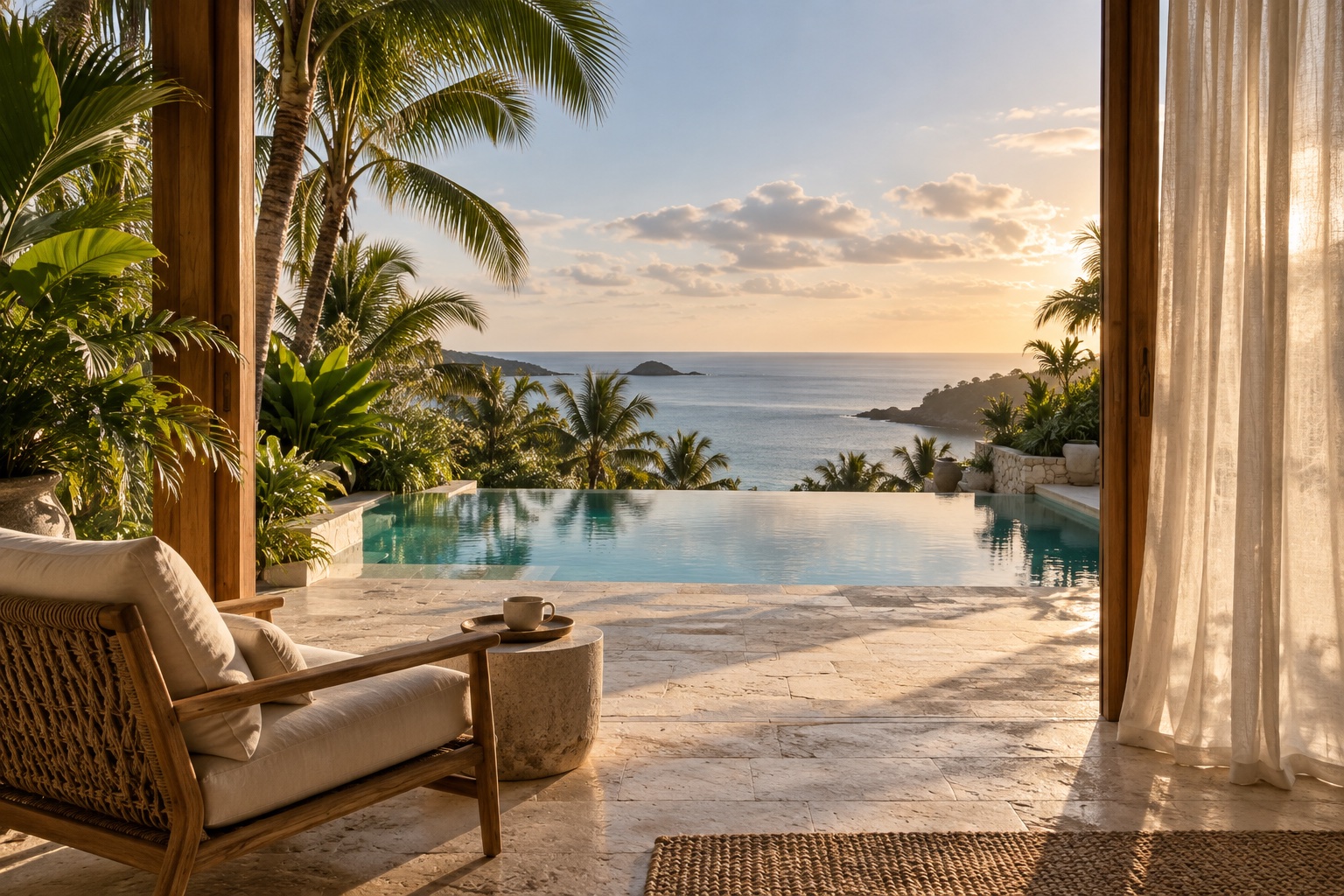 A sunlit tropical terrace looking out across a pool to the sea